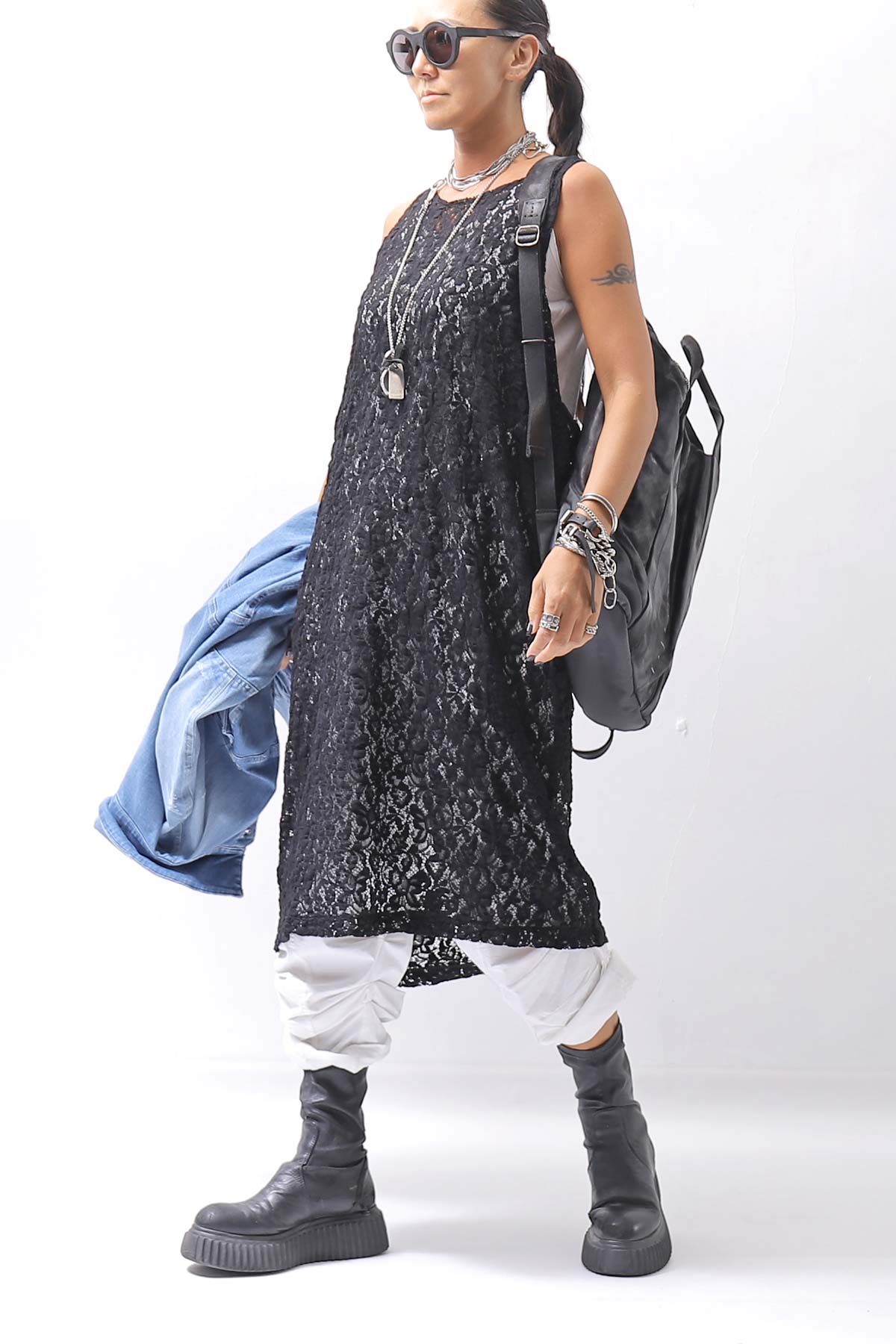 【NOSTRASANTISSIMA】 STRETCH COTTON LACY COVER DRESS C152_BLACK