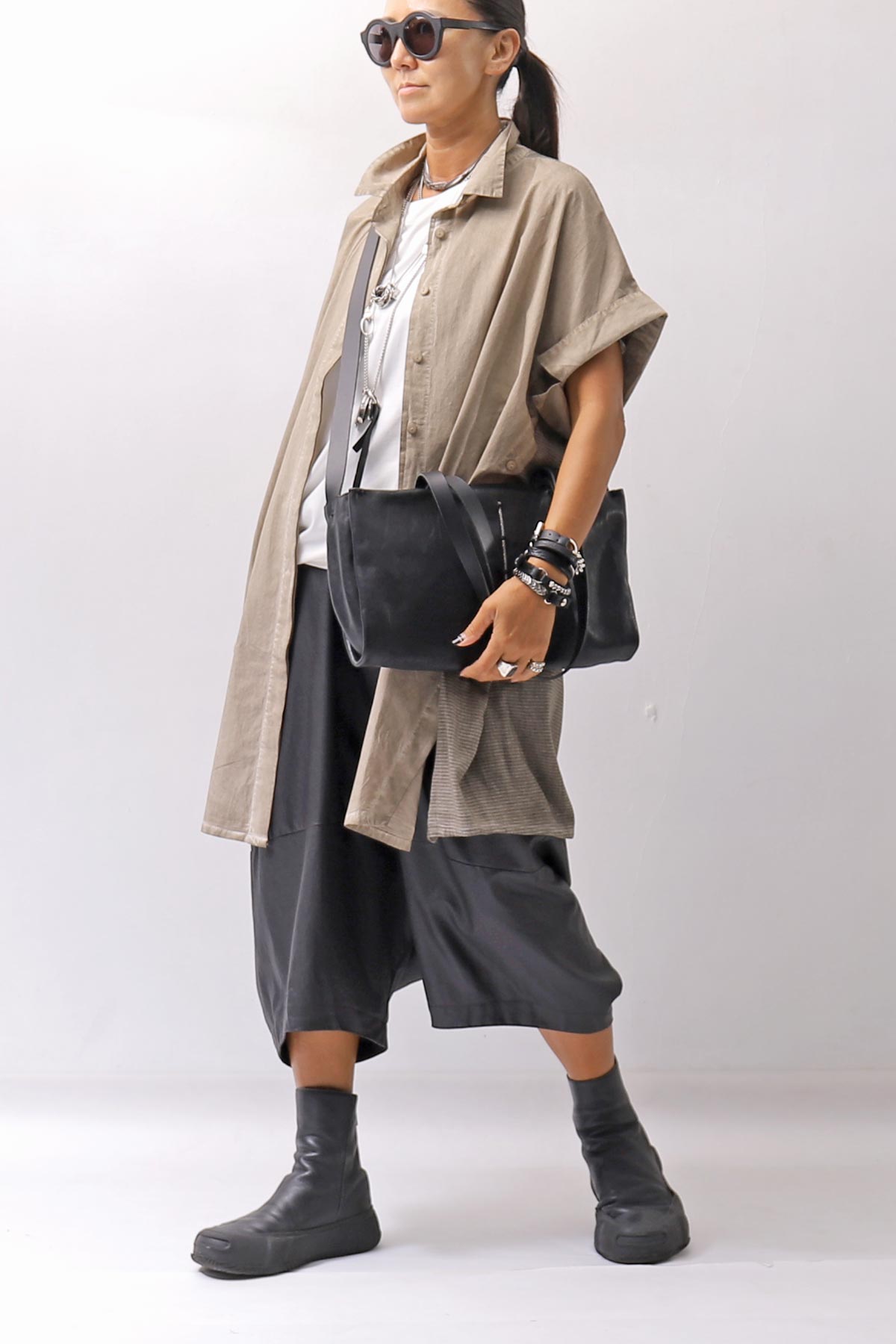 【studio b3】 SIDE SLIT BUTTON HALF SLEEVE SHIRT NB2078_SAND OLD DYE