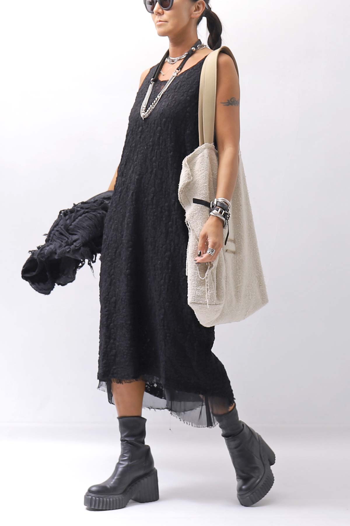 【NOSTRASANTISSIMA】 STRETCH COTTON LACY COVER DRESS C152_BLACK