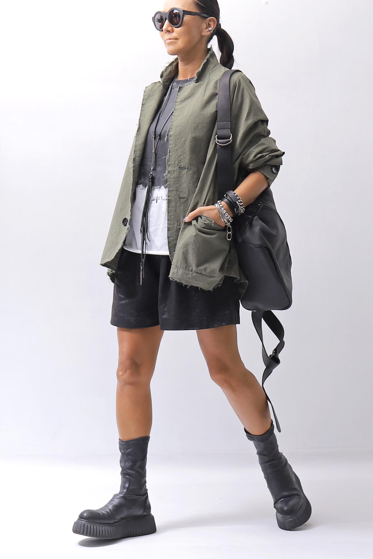 【bajra】 UNISEX LIGHT COTTON SHIRT BLOUSON SHORT 157QB01SH_MILITARY
