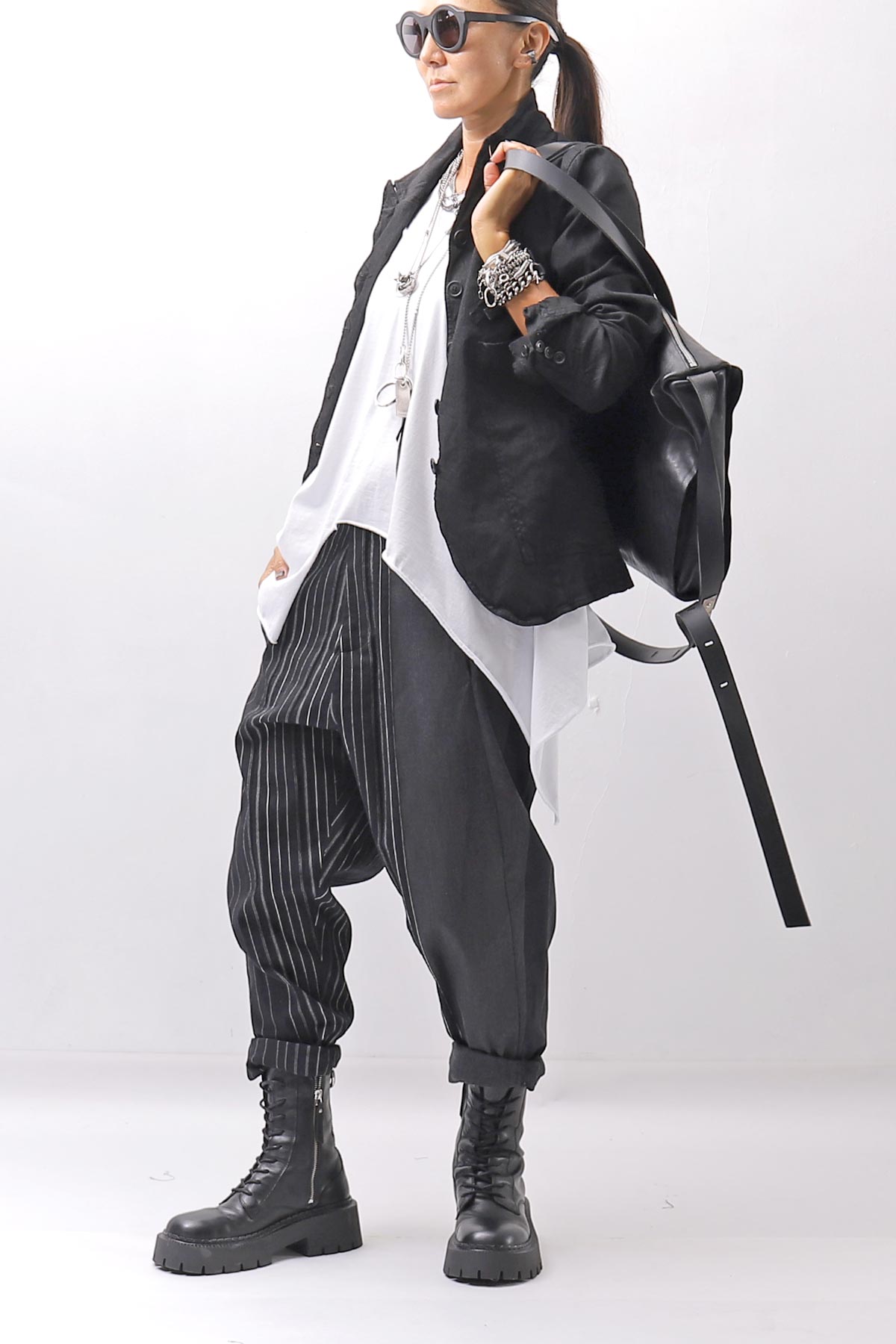 【NOSTRASANTISSIMA】UNISEX MIXED STRIPES PANTS P17_BLACK