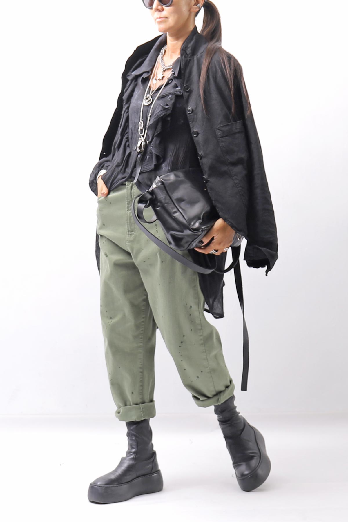 【NOSTRASANTISSIMA】UNISEX STRETCH COTTON LOW CROTCH DENIM PANTS P102_MATCHA LATTE