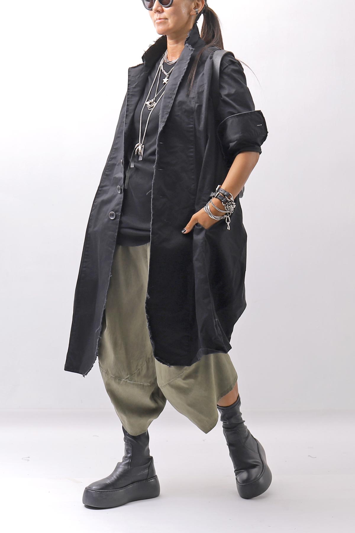 【bajra】 UNISEX TWILLED COTTON BACK DRAPE SHIRT CARDIGAN 160QB01SH_BLACK