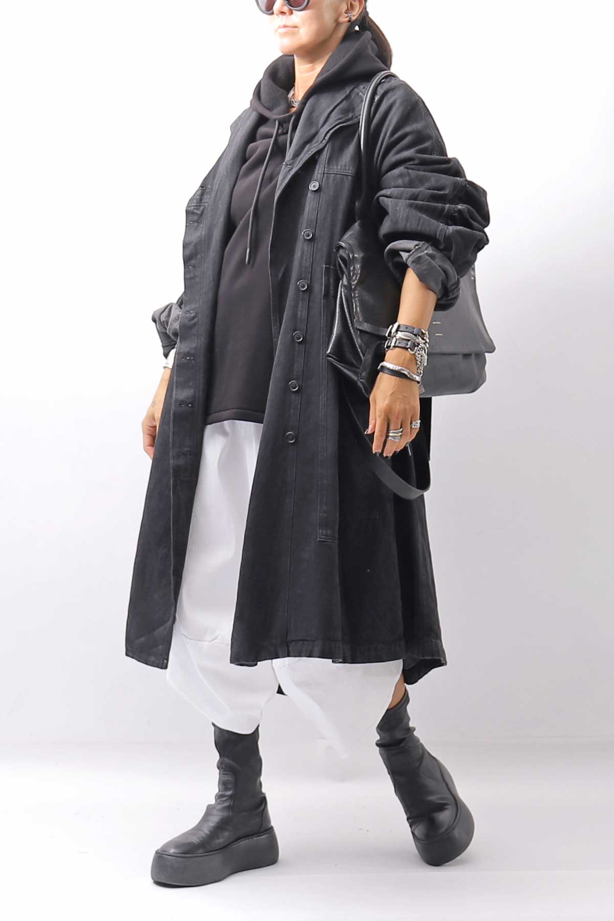 【PLÜ】 UNISEX ASYMMETRIC COTTON NEOPRENE HOODIE TOP PL11H_BLACK
