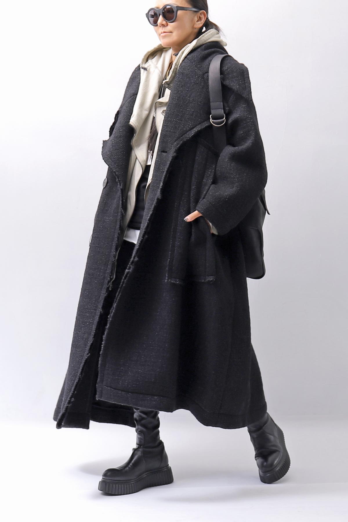 【RUNDHOLZ】 OVER SIZED BIG LAPEL LONG COAT_BLACK MEL