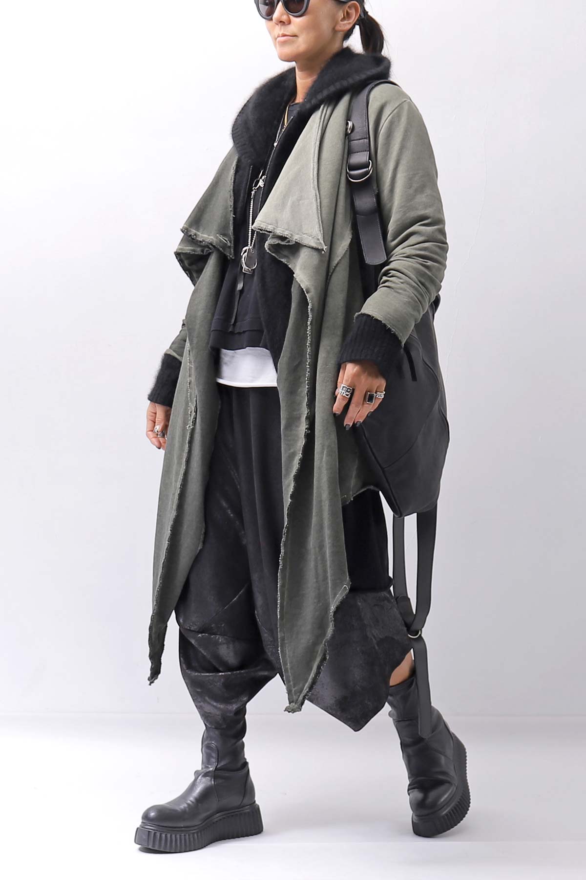 【Primordial is Primitive】 UNISEX ASYMMETRY STRETCH ECO LEATHER PANTS 722HA_BLACK