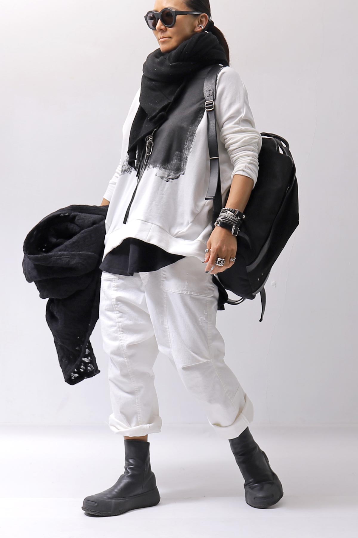 【bajra】 UNISEX BACK DRAPE&amp; PRINTED LIGHT SWEAT TOP 159QK04_WHITE PRINTED