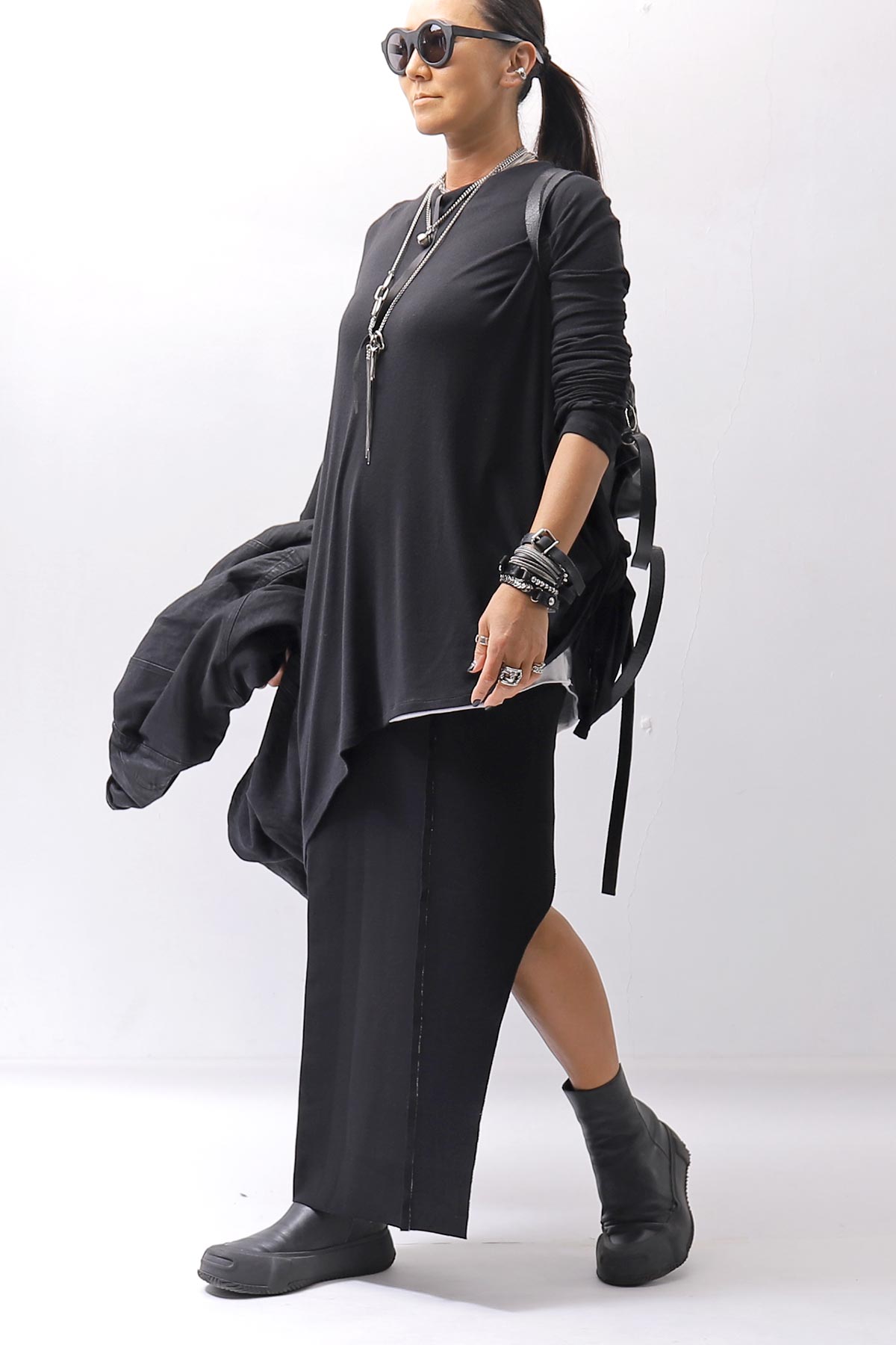 【NOSTRASANTISSIMA】 ASYMMETRY VISCOSE&amp;SILK LIGHT SWEATER TOP M122_BLACK