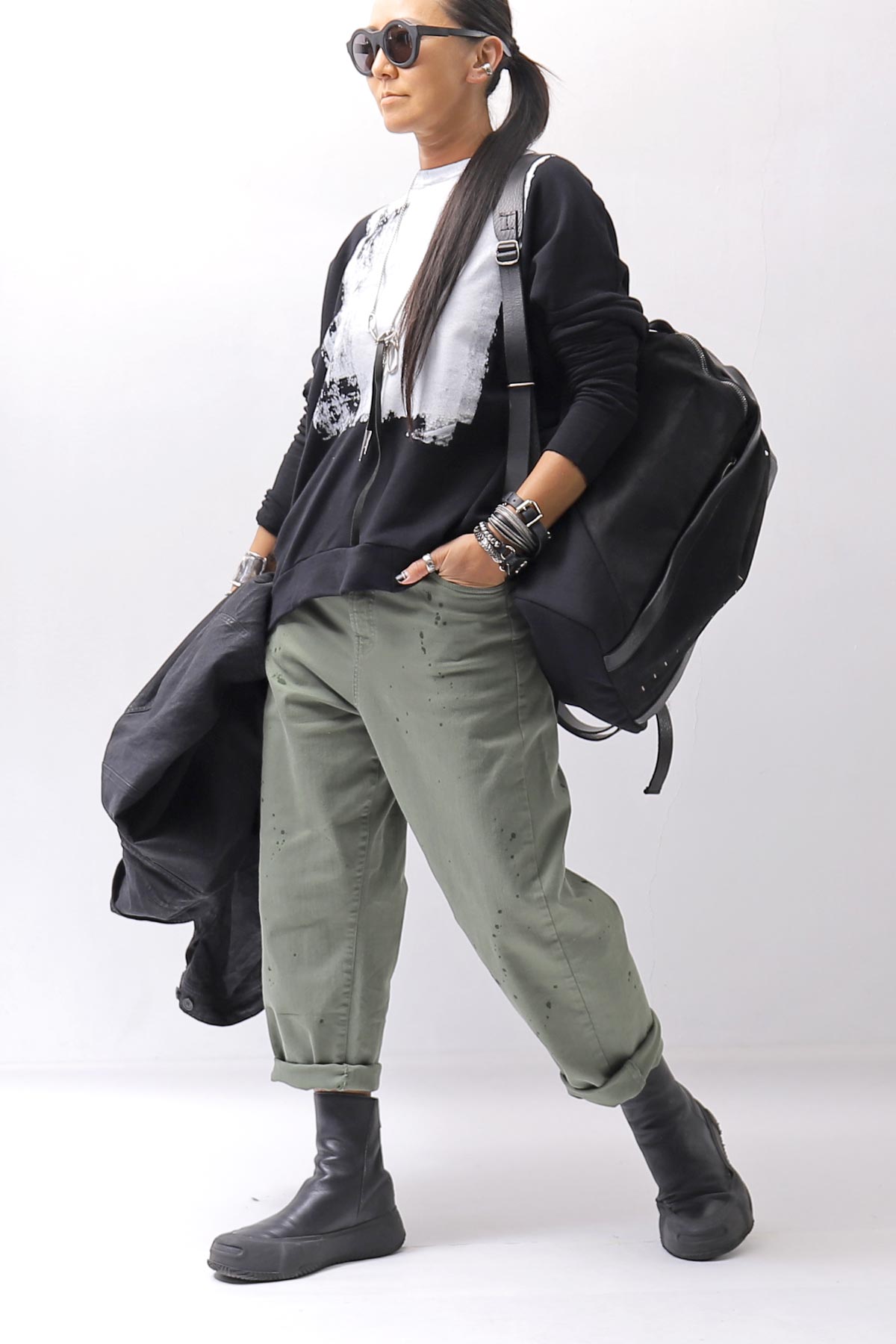 【NOSTRASANTISSIMA】UNISEX STRETCH COTTON LOW CROTCH DENIM PANTS P102_MATCHA LATTE
