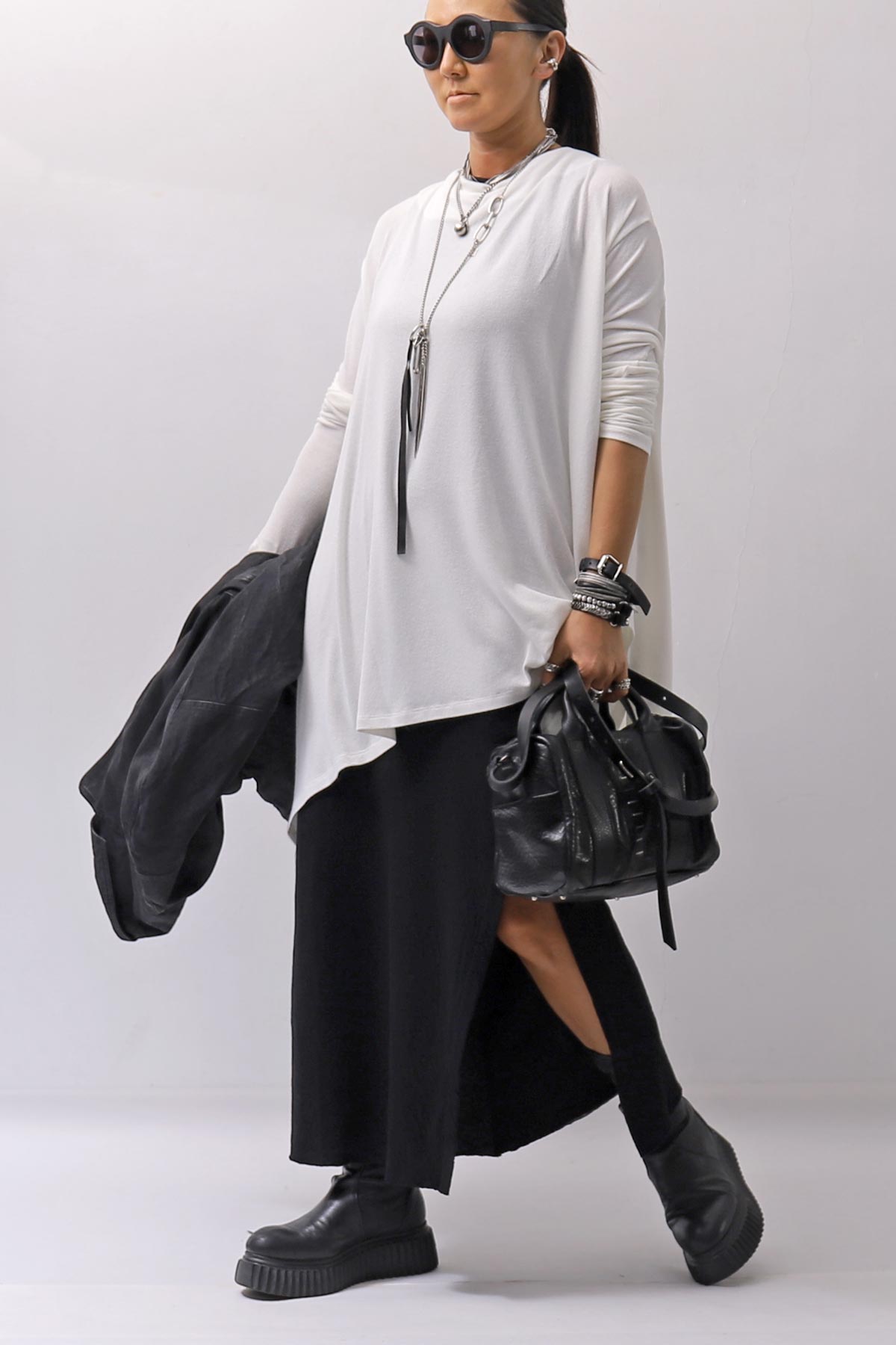 【NOSTRASANTISSIMA】 ASYMMETRY VISCOSE&amp;SILK LIGHT SWEATER TOP M122_WHITE