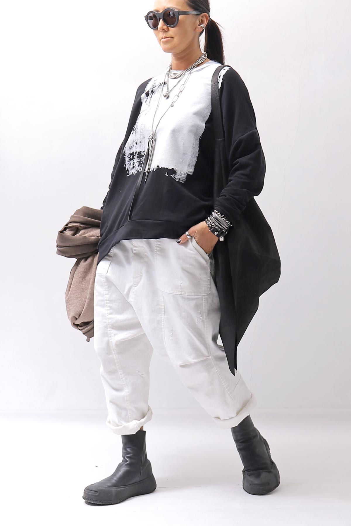 【bajra】 UNISEX BACK DRAPE&amp; PRINTED LIGHT SWEAT TOP 159QK04_BLACK PRINTED