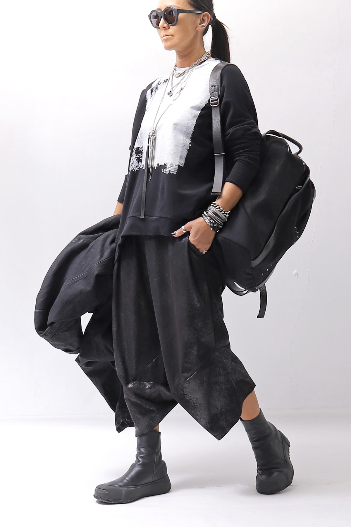 【bajra】 UNISEX BACK DRAPE&amp; PRINTED LIGHT SWEAT TOP 159QK04_BLACK PRINTED