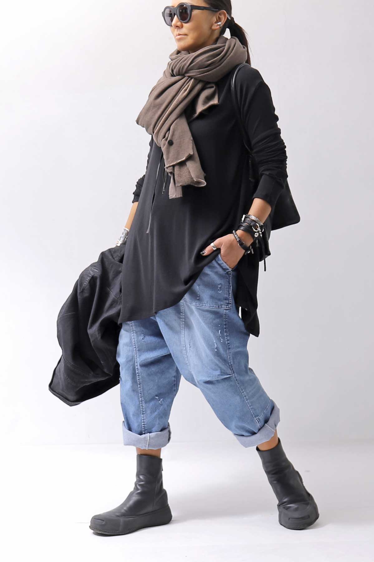 【bajra】 UNISEX SARROUEL SUPER STRETCH COTTON DENIM PANTS 159QP03_BLUE WASH