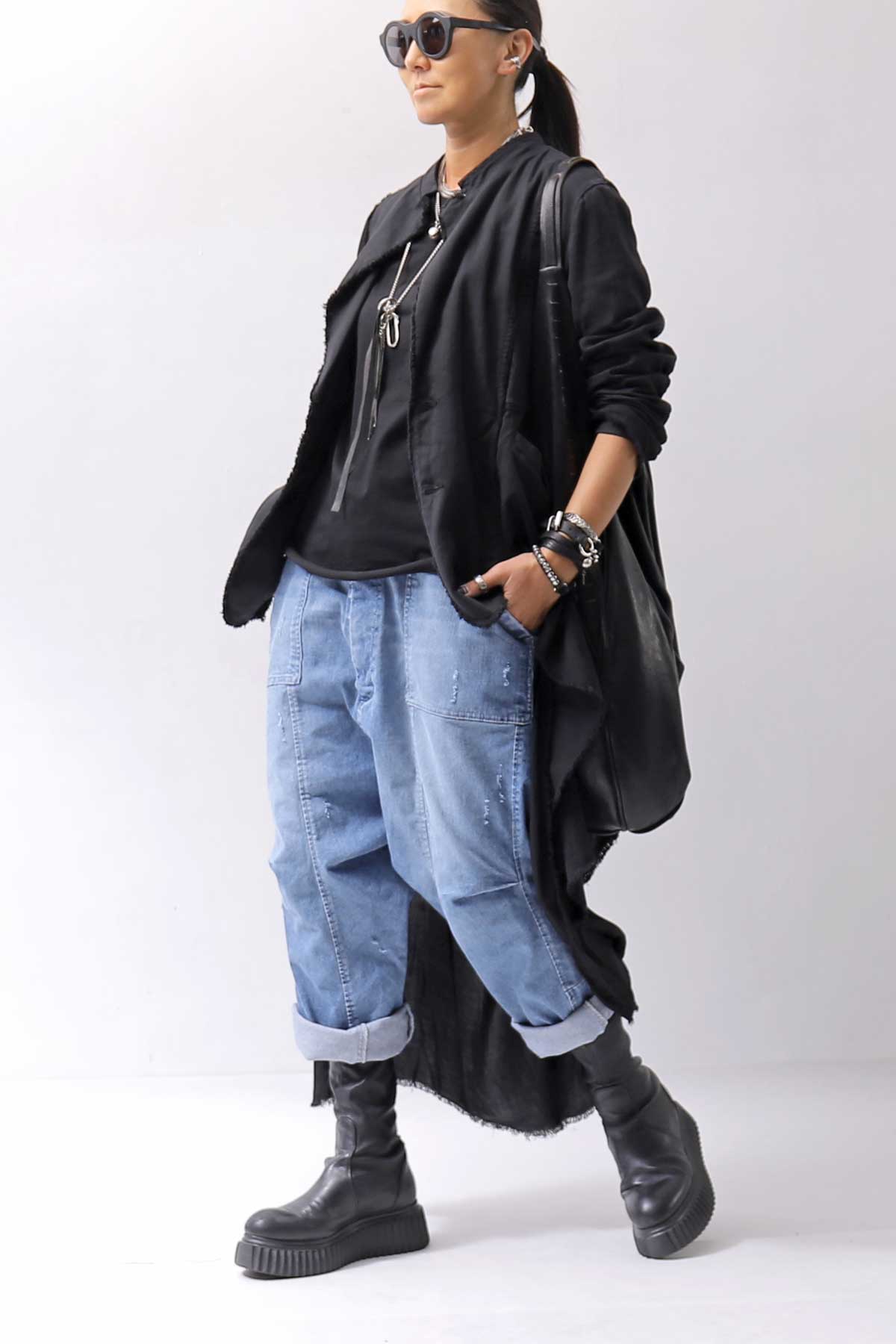 【bajra】 UNISEX SARROUEL SUPER STRETCH COTTON DENIM PANTS 159QP03_BLUE WASH