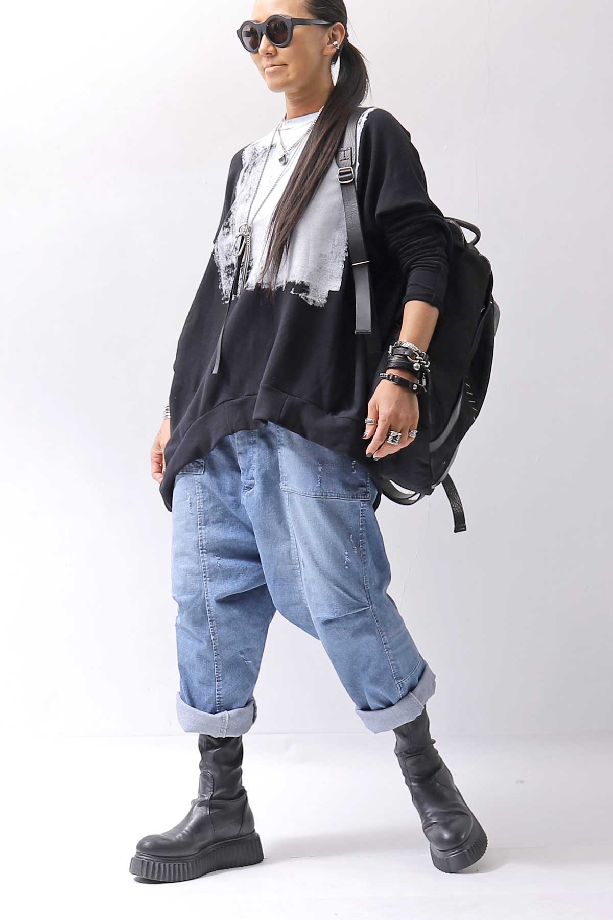 【bajra】 UNISEX SARROUEL SUPER STRETCH COTTON DENIM PANTS 159QP03_BLUE WASH