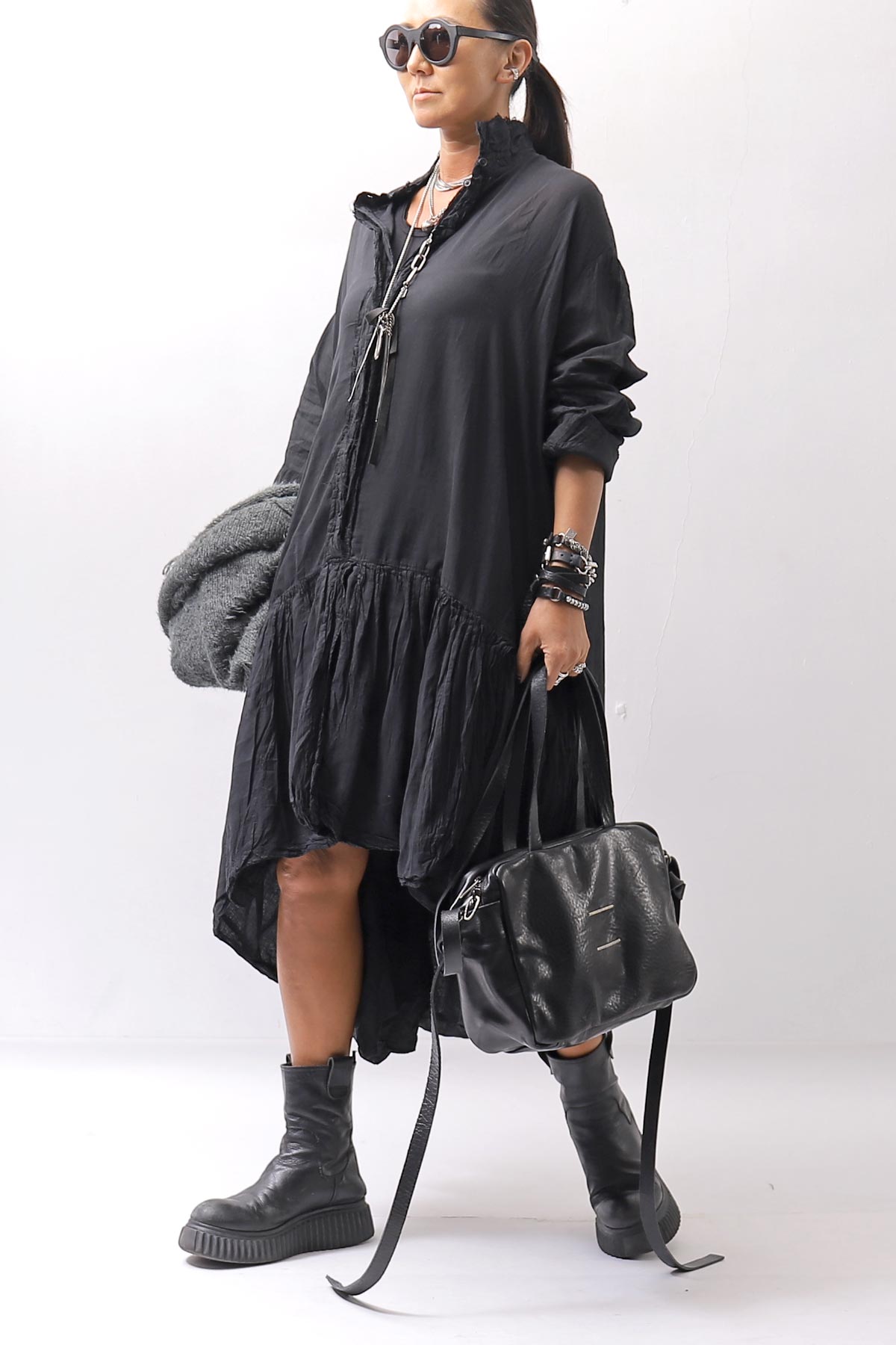 【RUNDHOLZ】 COTTON CHIFFON SHIRT DRESS _BLACK GLOSS