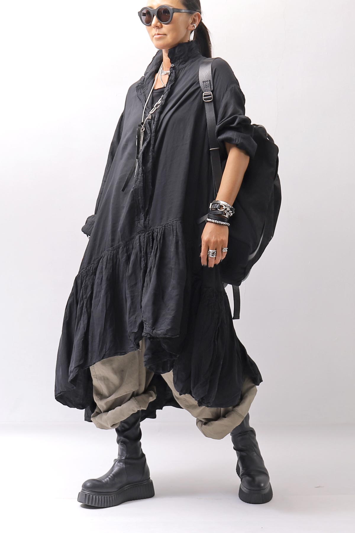 【RUNDHOLZ】 COTTON CHIFFON SHIRT DRESS _BLACK GLOSS