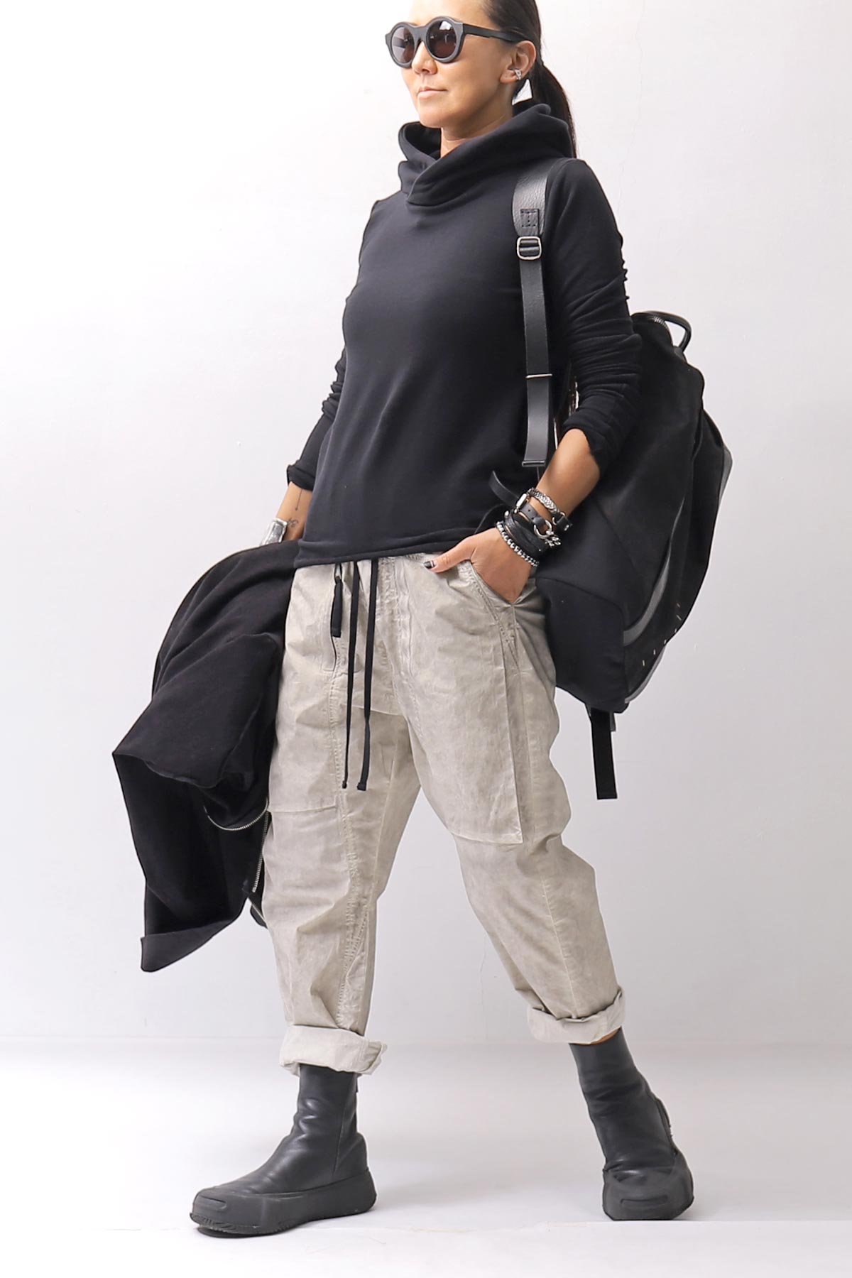 【bajra】 UNISEX SUPER STRETCH COTTON HOODIE TOP 150QK03_BLACK