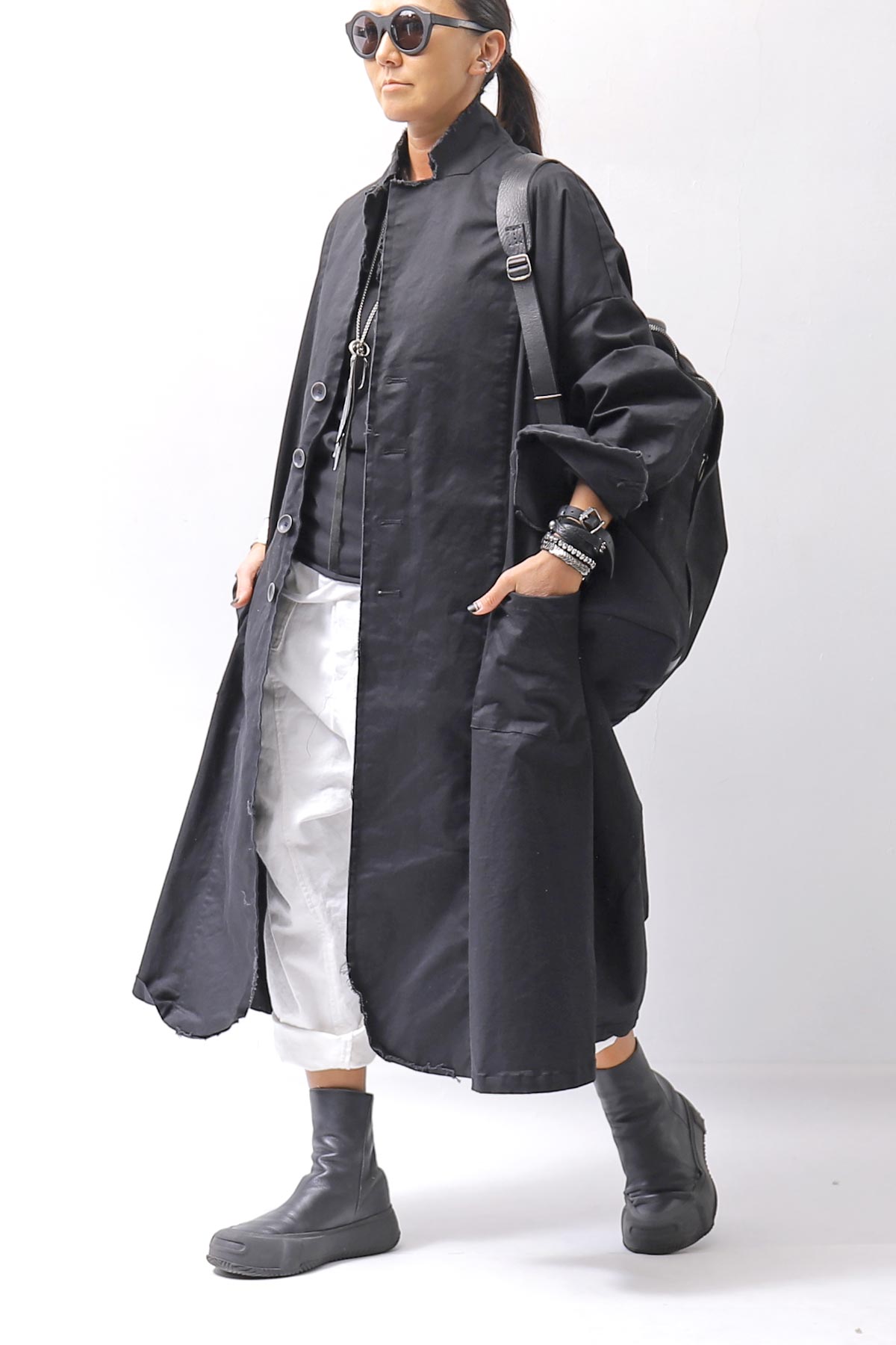 【bajra】 UNISEX TWILLED COTTON BACK DRAPE CARDIGAN COAT 160QB01LG_BLACK