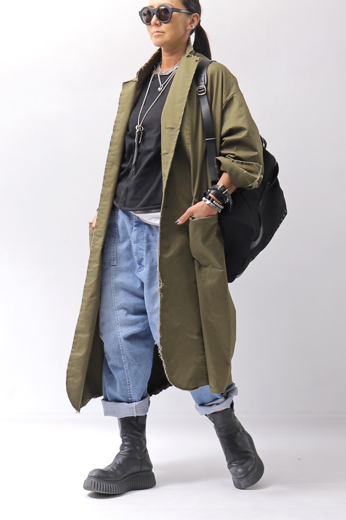 【bajra】 UNISEX TWILLED COTTON BACK DRAPE CARDIGAN COAT 160QB01LG_KHAKI BROWN