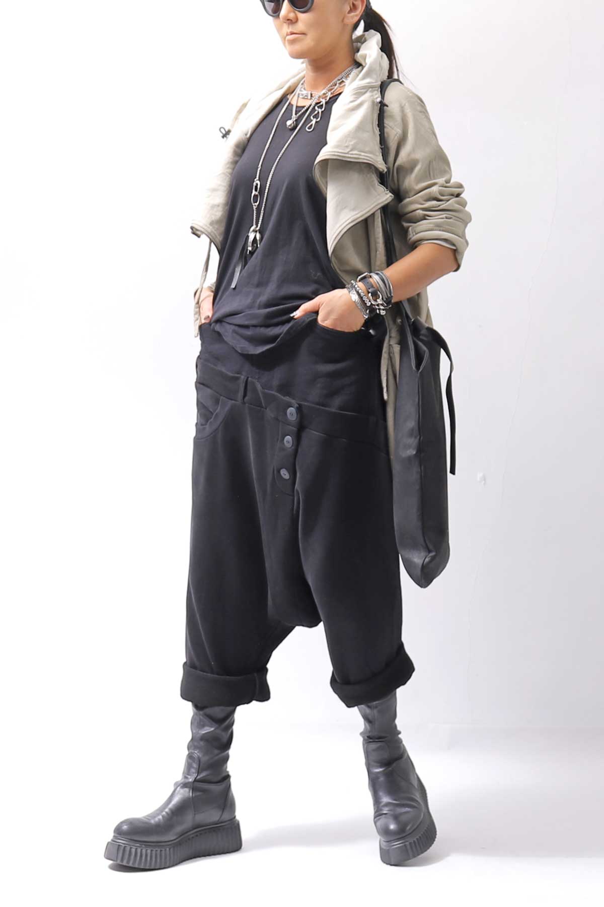 【studio b3】 UNSEX DENIM&amp;SWEAT BOX SARROUEL PANTS RBB1974_BLACK