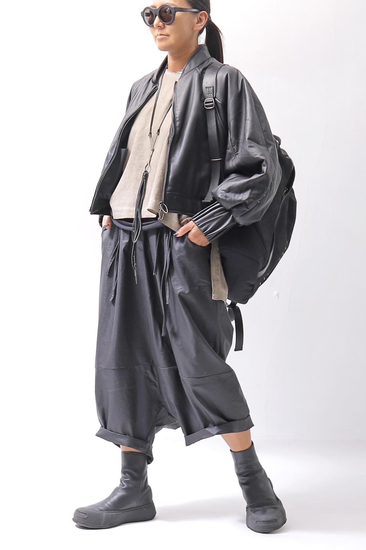 【studio b3】 UNSEX COATED LINEN＆BAMBOO BOX SARROUEL PANTS NB2123_BLACK