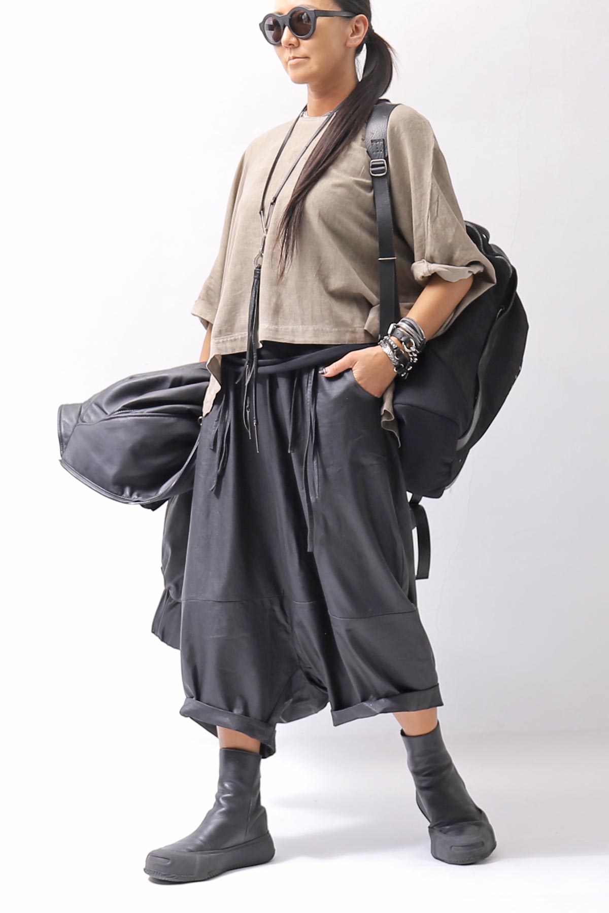 【studio b3】 UNSEX COATED LINEN＆BAMBOO BOX SARROUEL PANTS NB2123_BLACK