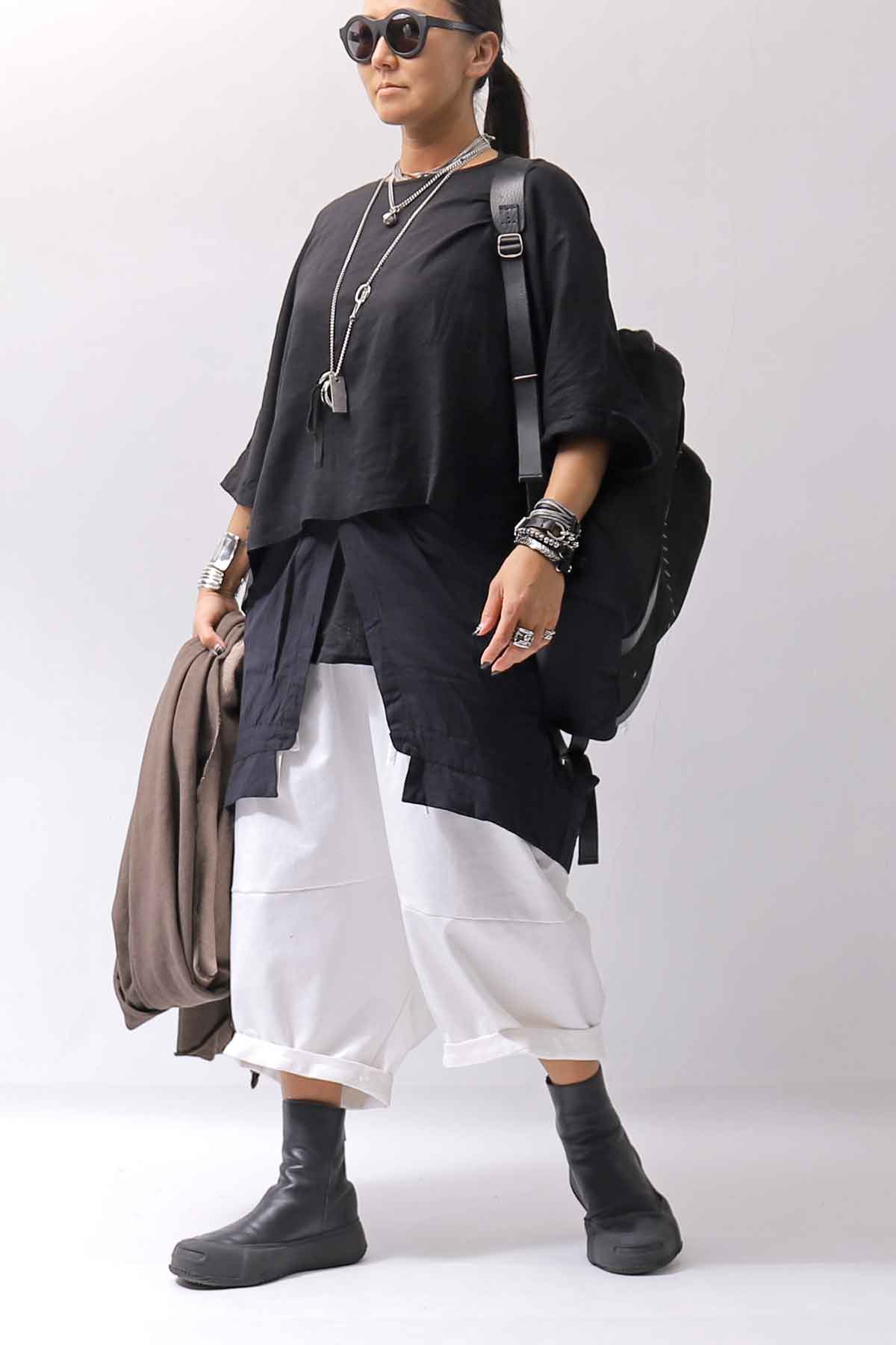 【studio b3】 UNSEX COATED LINEN＆BAMBOO BOX SARROUEL PANTS NB2123_WHITE