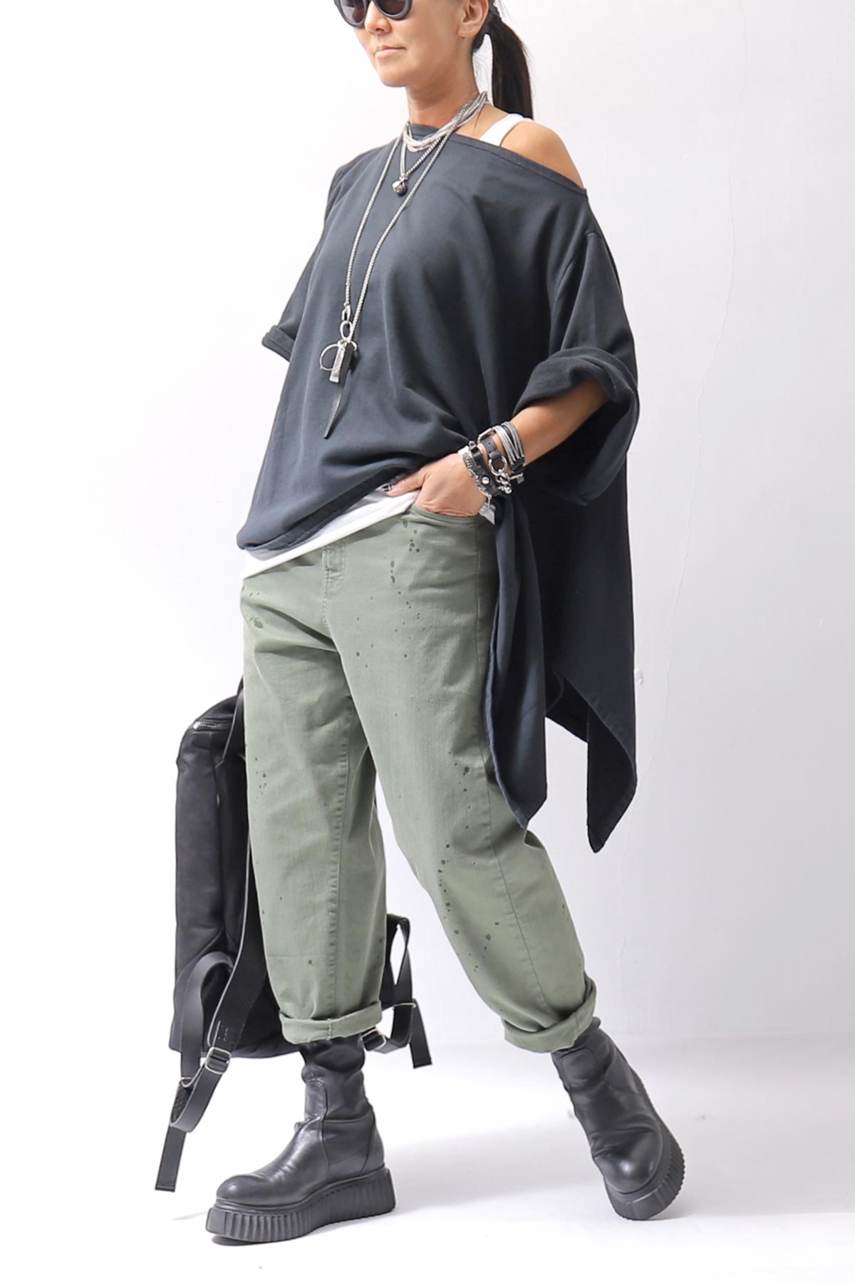 【NOSTRASANTISSIMA】 ASYMMETRY SWEAT COTTON WIDE TOPS FM139_BLACK