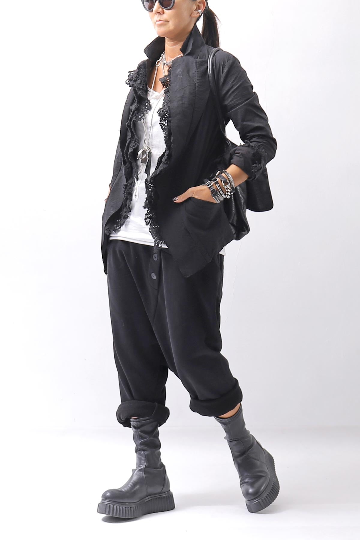 【RUNDHOLZ】 GRUNGE COTTON LACE &amp; STRETCH JACKET _BLACK GLOSS