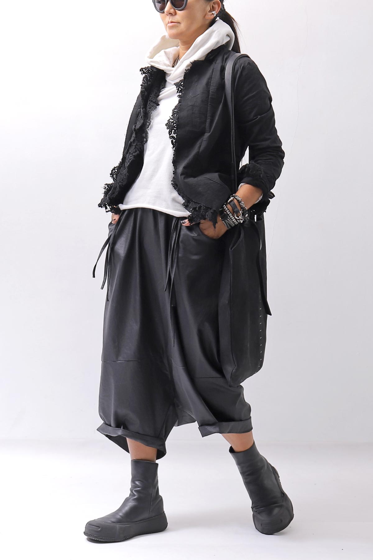 【RUNDHOLZ】 GRUNGE COTTON LACE &amp; STRETCH JACKET _BLACK GLOSS