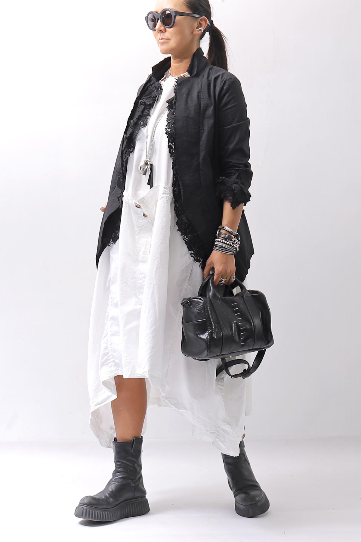 【RUNDHOLZ】 GRUNGE COTTON LACE &amp; STRETCH JACKET _BLACK GLOSS
