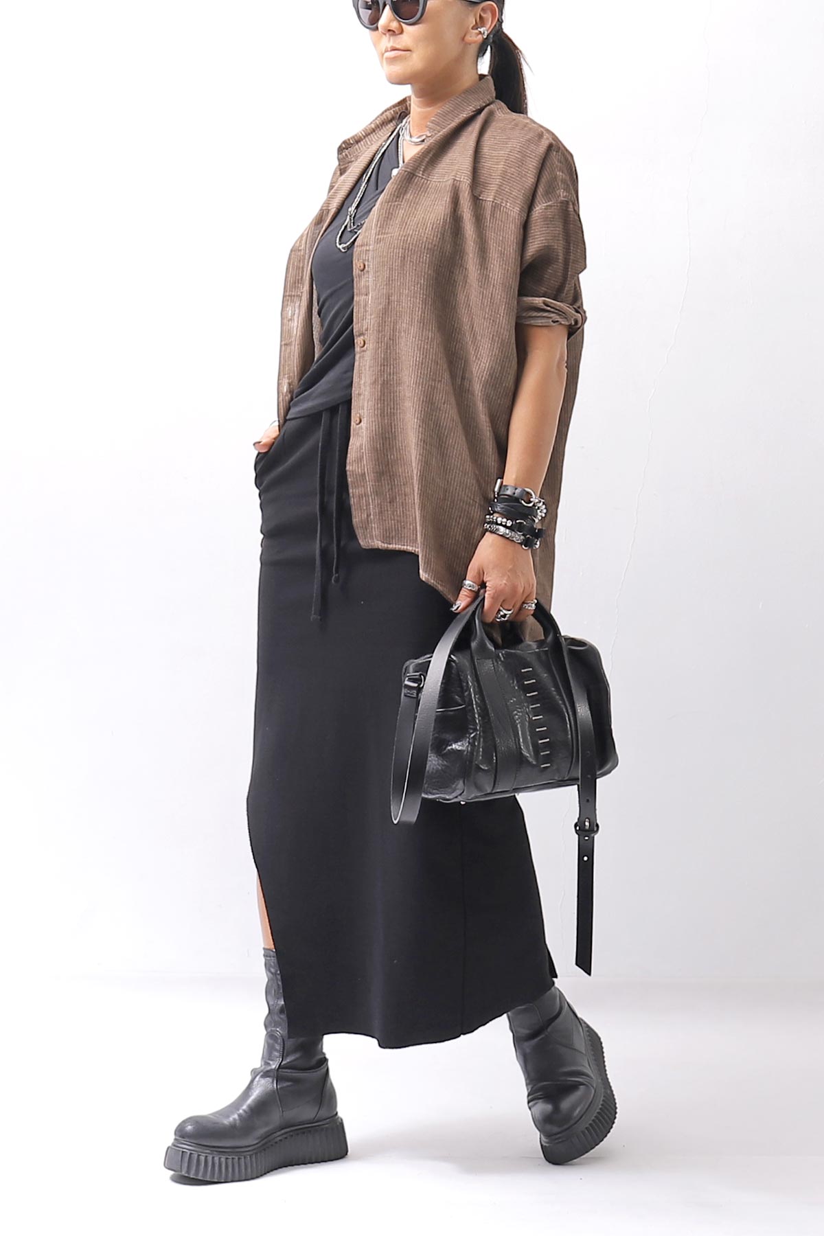 【thom/krom】 FRONT CROSS MODAL &amp; SILK STRETCH TOP WTS606_BLACK