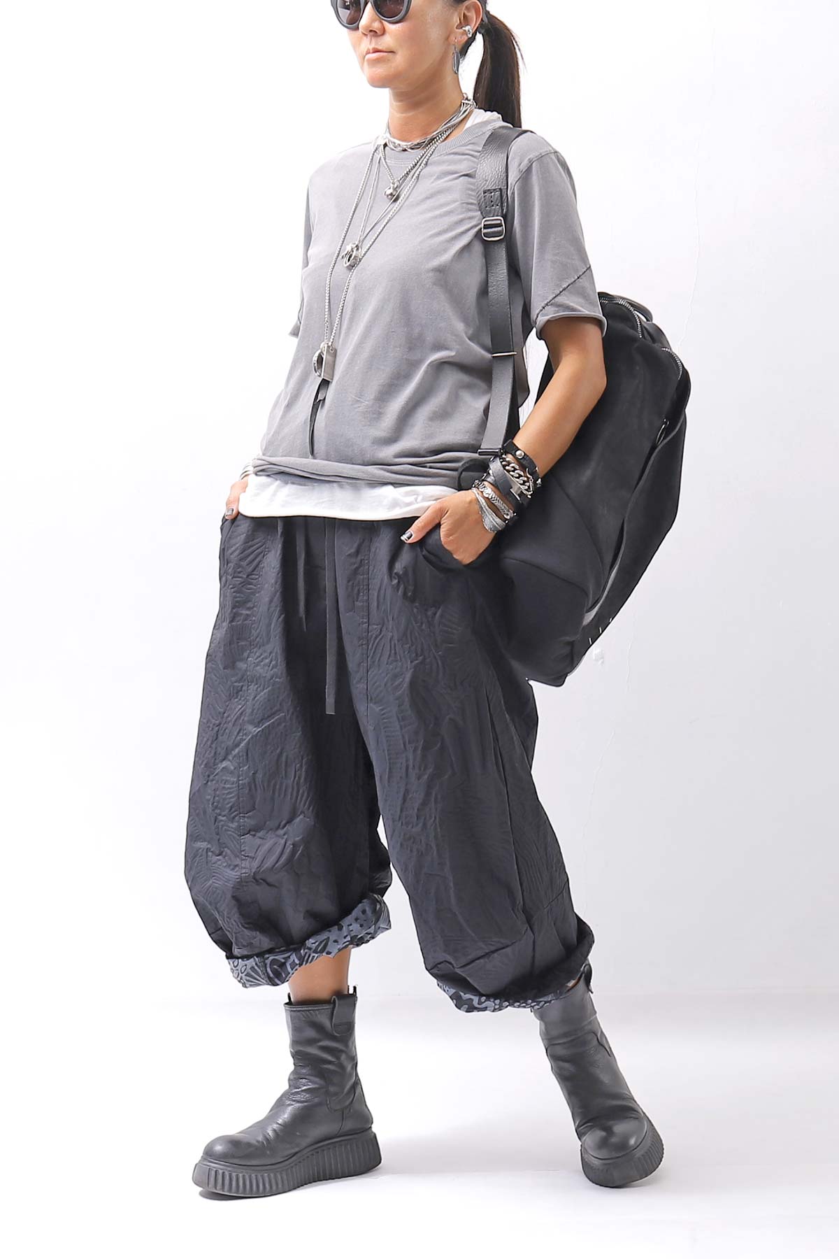 【RUNDHOLZ】 UNISEX COTTON EMBOSS PRINT EASY PANTS _BLACK POPLIN PRINT