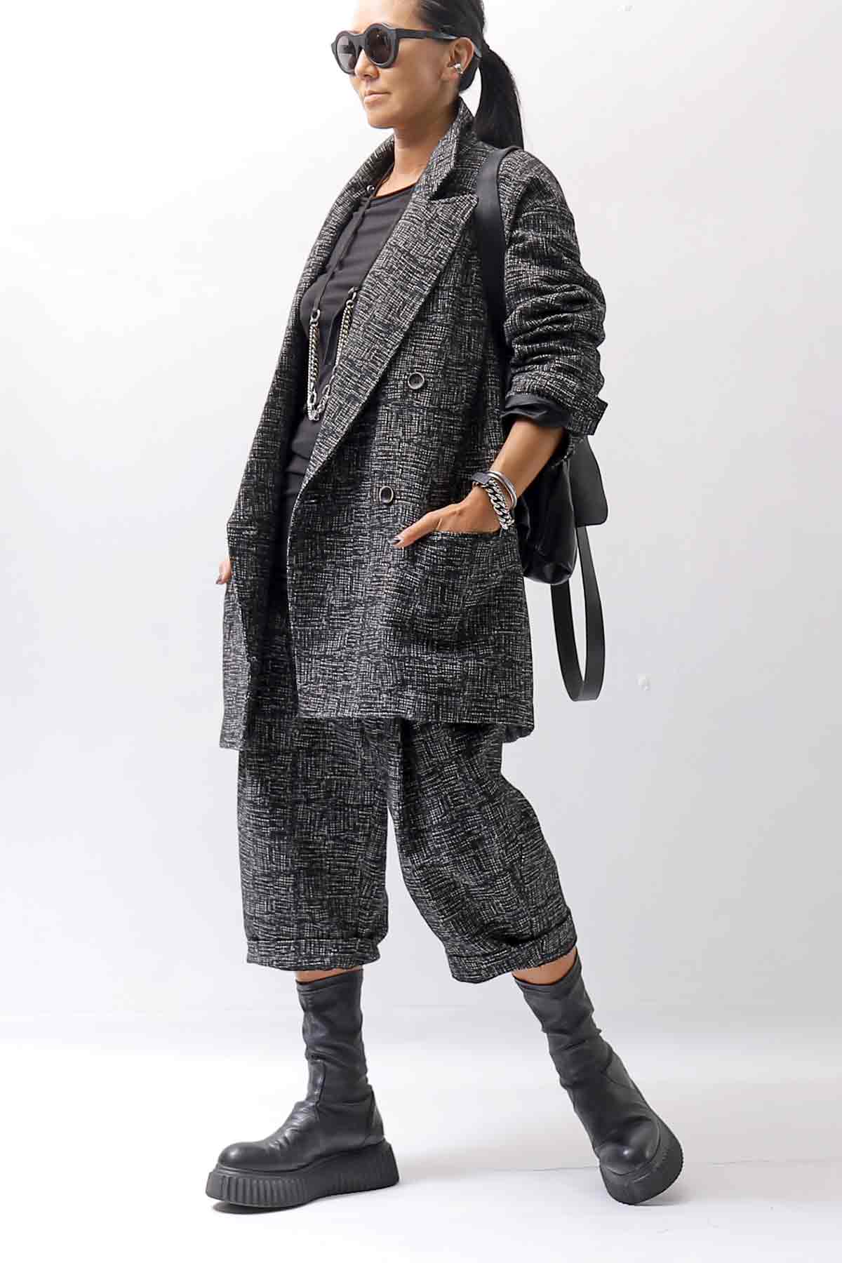 【NOSTRASANTISSIMA】 UNISEX TWEED FRONT TUCK PANTS P118_TWEED BLACK