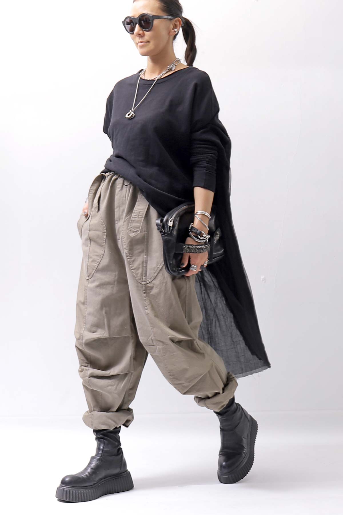 【Andrea Ya&#39;aqov】 UNISEX 2WAY SHOULDER SALOPETTE PARACHUTE PANTS PAK71_OLIVE BEIGE